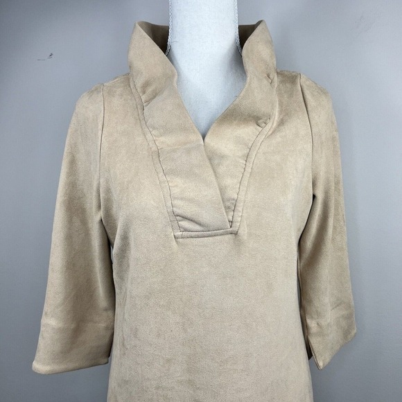 Gretchen Scott Beige Tan Ruffle V Neck Faux Suede Sheath Dress Size XS - Picture 2 of 10